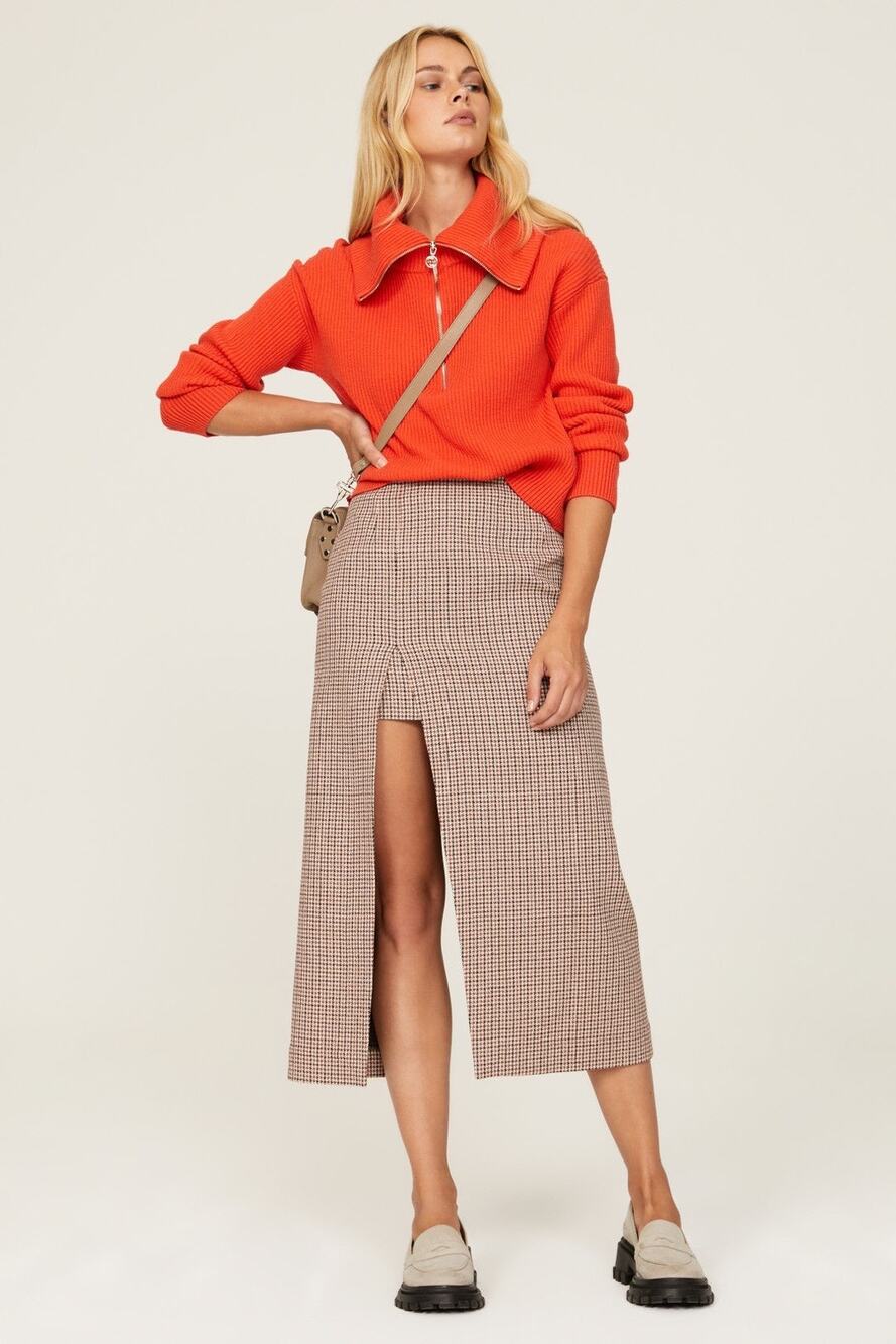Maje Jaisa Brown Houndstooth Wool Blend Front Slit Midi Skirt Size Small